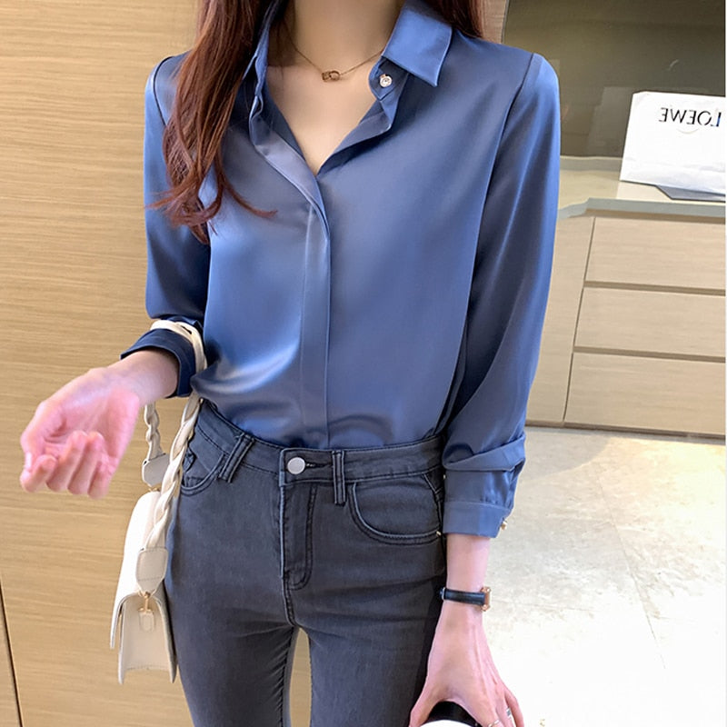 Camisa Feminina de Cetim Azul  - Garabella